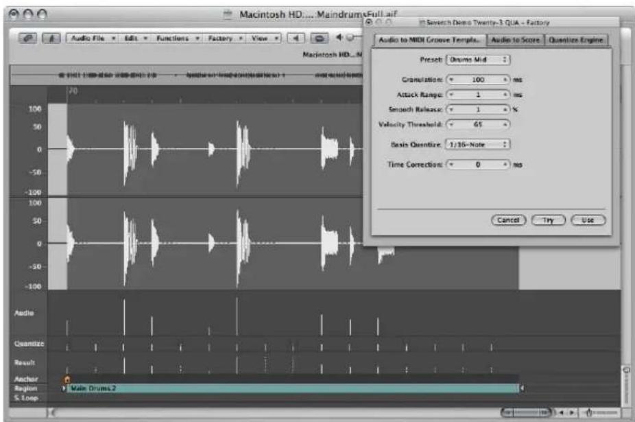 Macintosh HD... MaindrumsFull.ai Audio to MIDI Groove Temples... Audio to Score Quantize Engine Presets: Drums Mid Grainlations: 100 ms Attack Range: 1 ms Smooth Release: 1 % Velocity Threshold: 65 ° Basis Question: 1/18-Note : Time Correction: 0 ms Cancel Try Use Audio Quantize Result Anchor Region S. Loop Main Drums 2