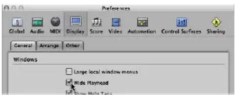 Preferences Global Audio MIDI Display Score Video Automation Control Surfaces Sharing General Arrange Other Windows Large local window menus Wide Playhead Show Hello Tips