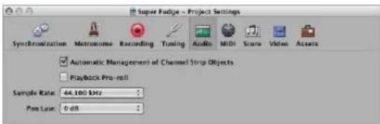 Super Fudge - Project Settings Synchronization Metronoma Recording Tuning Audio MIDI Score Video Assets Automatic Management of Channel Strip Objects. Playback Pro-roll Sample Rate: 44.100 kHz Pos Law: 0 dB