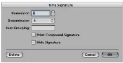 Time Signature Numerator: 4 Denominator: 4 Boat Grouping: Print Compound Signature Hide Signature Delete Cancel OK