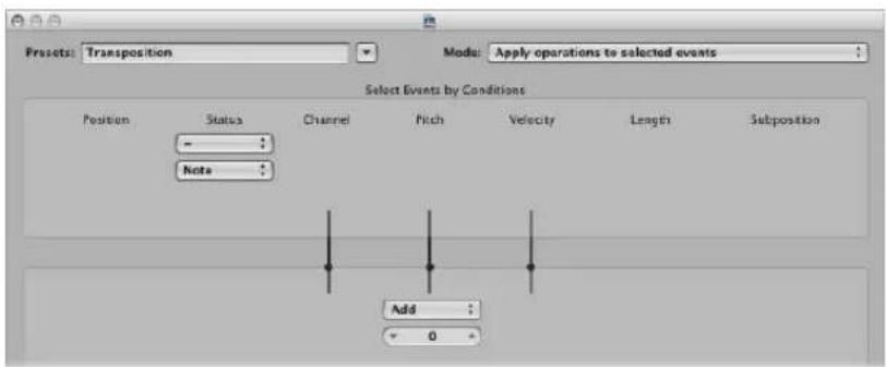 Preset: Transposition Mode: Apply operations to selected events Select Events by Conditions Position Status Channel Pitch Velocity Length Subposition - Note Add 0