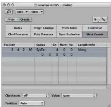 Loneliness ENV - (Factor) Edit View Filter Create Notes Progr. Change Pitch Band Controller Chord Pressure Poly Pressure Syst. Exclusive Meta Events Position Status Ch Num Val Length/Info 2 4 2 90 SynTx 4 0 0 Mxng 0 0 0 0 Checksum off Value: Auto Position Auto: