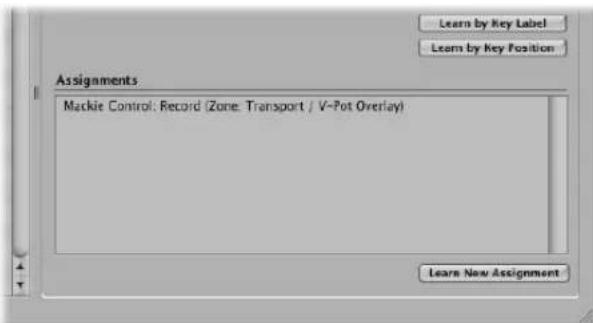 Learn by Key Label Learn by Key Position Assignments Mackie Control: Record (Zone: Transport / V-Pot Overlay) Learn New Assignment