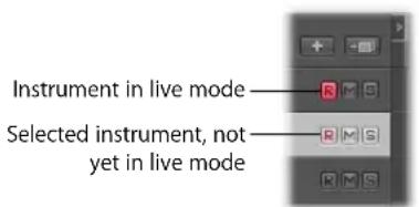 Instrument in live mode Selected instrument, not yet in live mode