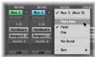 Send Bus 1 Bus 2 I/O Hardware Output1-2 Audio 1 I/O Hardware Output1-2 Audio 2 Off Off Send Send ✓ Bus 3 (Aux 2) ✓ Post Pan ✓ Post Pre No Send - Bus
