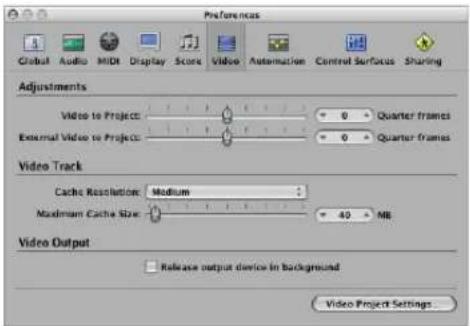 Preferences Global Audio MIDI Display Score Video Automation Control Surfaces Sharing Adjustments Video to Projects 0 Quarter frames External Video to Projects 0 Quarter frames Video Track Cache Resolution Medium Maximum Cache Size 40 MB Video Output Release output device in background Video Project Settings