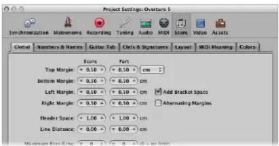 Project Settings: Overture 5 Synchronization Matenames Recording Tuning Audio MIDI Score Video Assets Global Numbers & Names Guitar Tab Cleft & Signatures Layout MIDI Meaning Colors Score Part Top Margin: 0.50 0.50 cm Bottom Margin: 0.50 0.50 cm Left Margin: 0.50 0.50 cm Add Bracket Space Right Margin: 0.50 0.50 cm Alternating Margins Header Space: 1.00 1.00 cm Line Distance: 0.00 0.00 cm