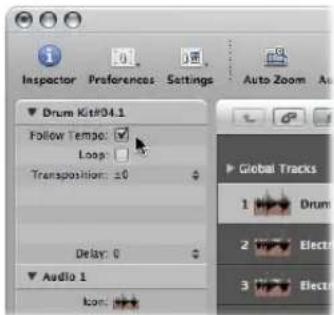 Inspector Preferences Settings Auto Zoom Drum Kit04.1 Follow Tempo: Loop: Transposition: ±0 Delay: 0 Audio 1 Icon: Global Tracks 1 Drum 2 Electr 3 Electr
