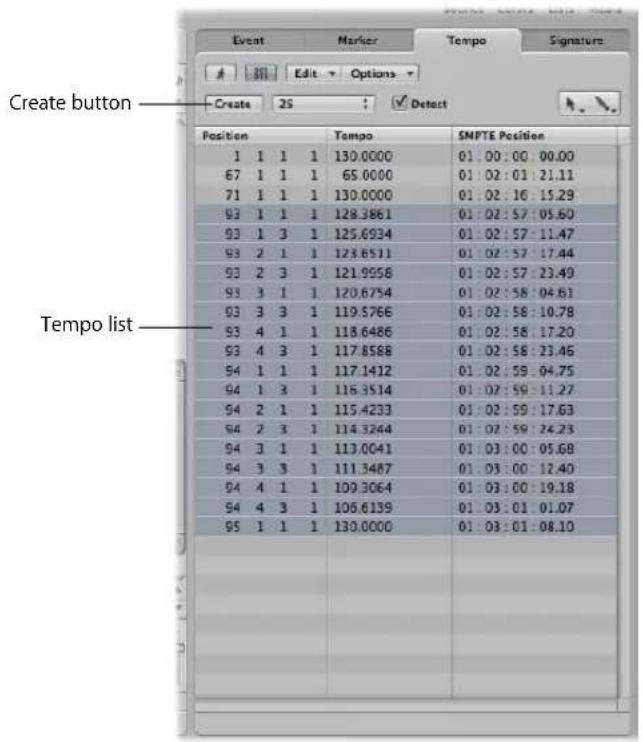 Create button Tempo list Event Marker Tempo Signature 311 Edit Options Create 25 Detect