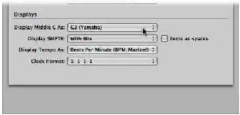 Displays Display Middle C As: C3 (Yamaha) Display SMPTE: With Bits Zero as spaces Display Tempo As: Beats Per Minute (BPM, MaxNet) Clock Format: 1 1 1 1