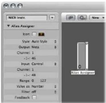 MIOI Instr. Alias Assigner Icon: Style: Auto Style Output: Meta Channel: 1 -1: -46 Input: Control Channel: 1 -1: -48 Range: 0 127 Value as Number Filter: off Feedback: Alias Assigner