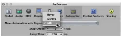 Preferences Global Audio MIDI Display Never Always Move Automation with Region Ask Snap Offset: 9 Ticks Ramp Time: 200 ms