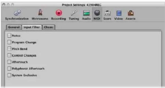 Project Settings: 43984REC Synchronization Metronames Recording Tuning Audio NIDI Score Video Assets General Input Filter Chase Notes Program Change Pitch Bend Control Changes Aftertouch Polyphonic Aftertouch System Exclusive