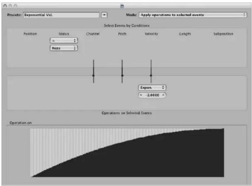 Presets: Exponential Vol. Mode: Apply operations to selected events Select Events by Conditions Position Status Channel Pitch Velocity Length Subposition = Note Expon. -2.0000 Operations on Selected Events Operation on