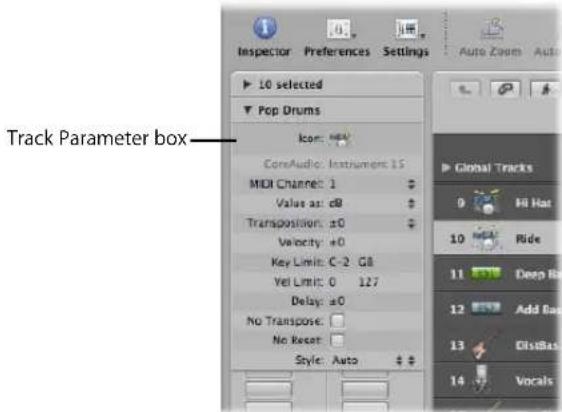 Track Parameter box Inspector Preferences Settings Auto Zoom Auto 10 selected Pop Drums Icon: HBA CoreAudio: Instrument 15 MDI Channel: 1 Value as: cB Transposition: ±0 Velocity: ±0 Key Limit: C-2 GB Vel Limit: 0 127 Delay: ±0 No Transpose: No Reset: Style: Auto # # Global Tracks Hi Hat Ride Deep Bar Add Bars ClistBar Vocals