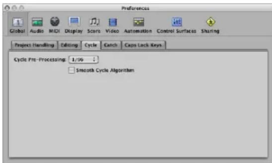 Preferences Global Audio MIDI Display Score Video Automation Control Surfaces Sharing Project Handling Editing Cycle Catch Caps Lock Keys Cycle Pre-Processing: 1/96 Smooth Cycle Algorithm
