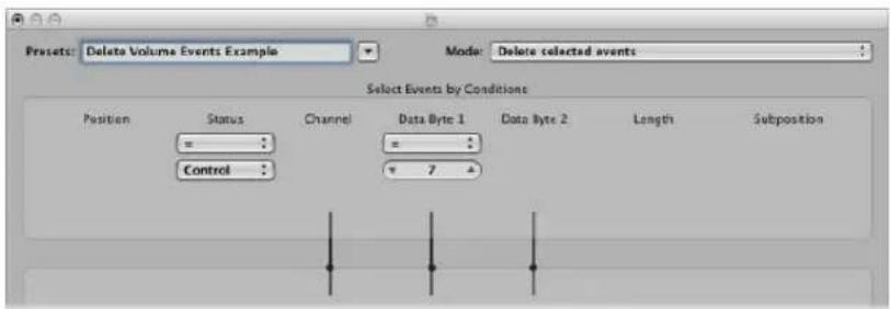 Presets: Delete Volume Events Example Mode: Delete selected events Select Events by Conditions Position Status Channel Data Byte 1 Data Byte 2 Length Subposition == = Control 7