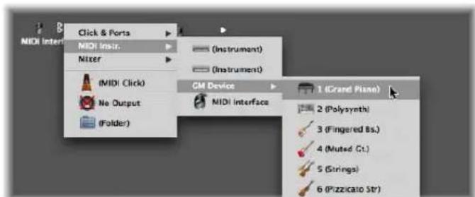 NIDI Inter Click & Ports MIDI Insur. Nizer (MIDI Click) No Output (Folder) (Instrument) (Instrument) CM Device NIDI Interface 1 (Grand Piano) 2 (Polysynth) 3 (Fingered Bs.) 4 (Muted Ct.) 5 (Strings) 6 (Pizzicato Str)