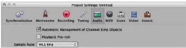 Project Settings: Untitled Synchronization Matname Recording Tuning Audio MIDI Score Video Assets Automatic Management of Channel Strip Objects Playback Pre-roll Sample Rate: 44.1 kHz :