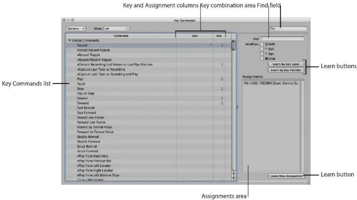 Key and Assignment columns Key combination area Find field Key Commands Options Show all Command Key Ass. Global Commands Record 1 Record/Record Repeat *Record Toggle *Record/Record Toggle 1 *Discard Recording and Return to Last Play Position *Capture Last Take as Recording *Capture Last Take as Recording and Play Play 1 Pause 1 Stop 1 Play or Stop Rewind 1 Forward 1 Fast Rewind Fast Forward Rewind one Frame Forward one Frame Rewind by Format Value Forward by Format Value Shuttle Rewind Shuttle Forward Scrub Rewind Scrub Forward *Play from Beginning *Play from Previous Bar *Play from Left Locator *Play from Right Locator *Play from Left Window Edge Go to Left Locator Key: Modifiers Shift Ctrl Opt Grid Learn by Key Label Learn by Key Position Assignments TW-1082: RECORD (Zone: Control Su) Learn New Assignments Learn button Key Commands list Assignments area
