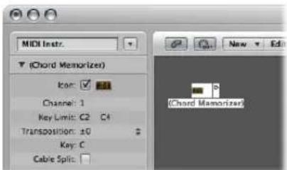 MIDI Instr. (Chord Memorizer) Icon: ✓ Channel: 1 Key Limit: C2 C4 Transposition: ±0 Key: C Cable Split: □ New Edit (Chord Memorizer)