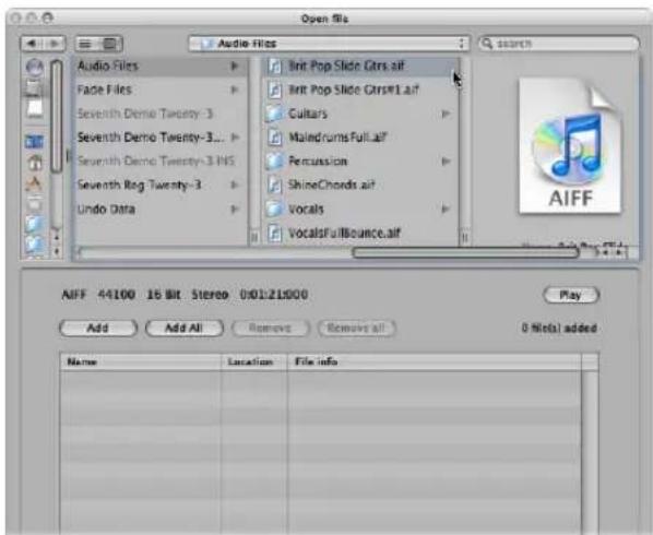 Open file Audio Files Fade Files Seventh Demo Twenty-3 Seventh Demo Twenty-3... > Seventh Demo Twenty-3 INS Seventh Reg Twenty-3 > Undo Data Brit Pop Slide Gtrs.aif Brit Pop Slide Gtrs#1.aif Cultars Male#rums Full.aif Percussion ShineChords.aif Vocals VocalsFullBounce.aif AIFF 44100 16 Bit Stereo 0:01:21000 Play Add Add All Remove Remove all 0 files added Name Location File info