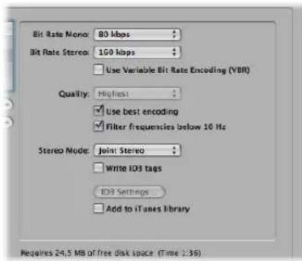 Bit Rate Mono: 80 kbps Bit Rate Stereo: 160 kbps Use Variable Bit Rate Encoding (VBR) Quality: Highest Use best encoding Filter Frequencies below 10 Hz Stereo Mode: Joint Stereo Write IOS tags IOS Settings Add to iTunes library Requires 24.5 MB of free disk space (Time: 1:36)