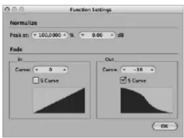 Function Settings Normalize Peak at: 100,000 % 0.00 dB Fade In Curve: 0 $ Curve Out Curve: -10 $ Curve OK