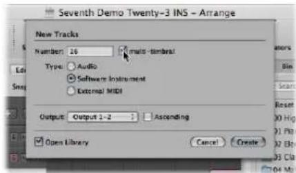 Seventh Demo Twenty-3 INS - Arrange New Tracks Number: 16 multisimbral Type: Audio Software Instrument External MIDI Output: Output 2 - 2 Ascending Open Library Cancel Create