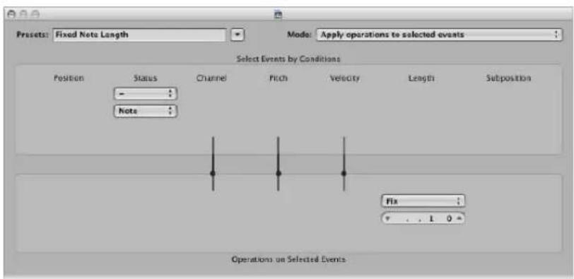 Presets: Fixed Note Length Mode: Apply operations to selected events Select Events by Conditions Position Status Channel Pitch Velocity Length Subposition Note Fix Operations on Selected Events