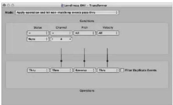 Loneliness ENV - Transformer Mode: Apply operation and let non-matching events pass thru Conditions Status Channel Rich Velocity - - All All Note + 4 Thru Thru Reverse Thru Filter Duplicated Events Operations