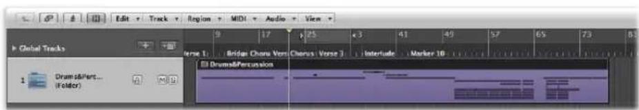 Edit Track Region MIDI Audio View Global Tracks 1 Drums&Perc... (Folder) 9 17 25 3 41 49 57 65 73 81 Verse 1: Bridge Chorus Vers Chorus Vers 3 Interlude Marker 10 Drums&Persuasion
