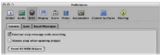 Preferences Global Audio MIDI Display Score Video Automation Control Surfaces Sharing General Sync Reset Messages External stop message ends recording Always stop when opening project Reset All MIDI Drivers
