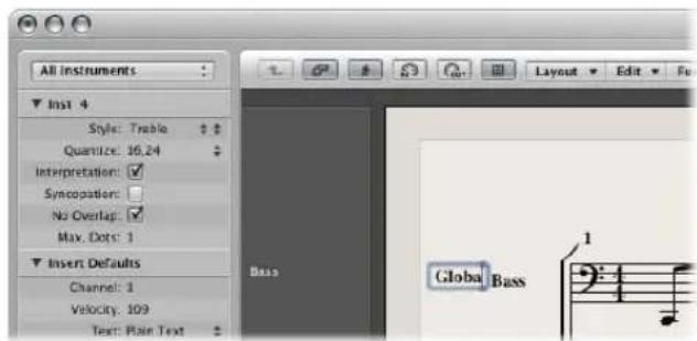 All instruments Inst 4 Style: Treble Quantize: 16.24 Interpretation: Syncopations: No Overlap: Max. Dots: 1 Insert Defaults Channel: 1 Velocity: 109 Text: Plain Text Bass Global Bass
