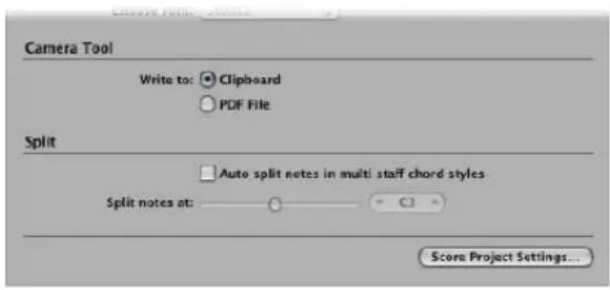 Camera Tool Write to: Clipboard PDF File Split Auto split notes in multi staff chord styles Split notes at: Score Project Settings...