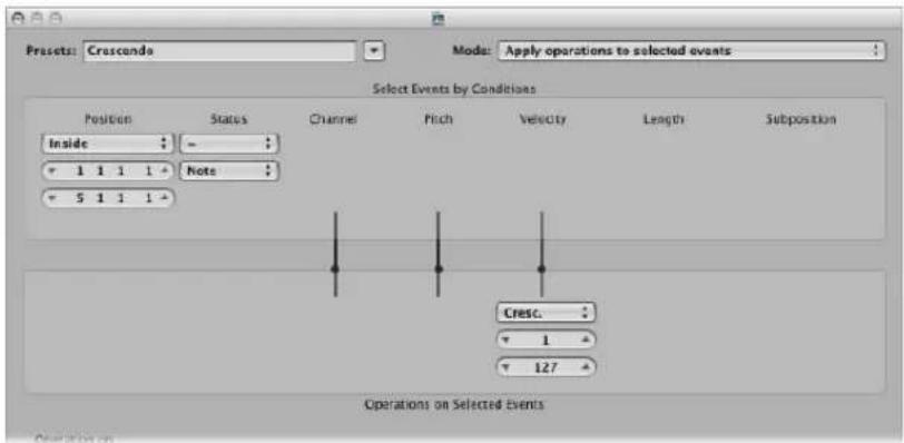 Presets: Cruscando Mode: Apply operations to selected events Select Events by Conditions Position Status Channel Pitch Velocity Length Subposition Inside - 1 1 1 1 Note 5 1 1 1 Cresc. 1 127 Operations on Selected Events