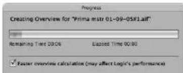 Progress Creating Overview for "Prima mstr 01-09-05#1.aif" Remaining Time 03:06 Existed Time 90:00 ✓ Faster overview calculation (may affect Logic's performance)