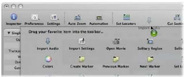 Inspector Preferences Settings Auto Zoom Automation Set Locators Cut Sects Single Drag your favorite item into the toolbar... Import Audio Import Audio Import Settings Open Movie Solitary Region Solitary Colors Create Marker Previous Marker Next Marker Set Lo
