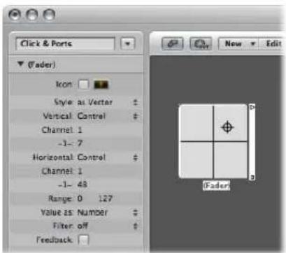 Click & Ports (Fader) Icon: Style: as Vector Vertical Control Channel 1 -1-7 Horizontal Control Channel 1 -1-48 Range: 0 127 Value as Number Filter off Feedback: