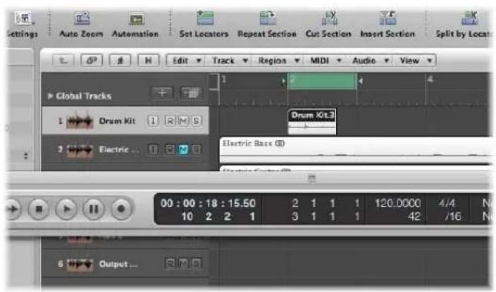 Settings Auto Zoom Automation Set Locators Repeat Section Cut Section Insert Section Split by Locat Edit Track Region MIDI Audio View Global Tracks 1 Drum Kit 3 Electric ... Drum Kit 3 Electric Base (D) 00 : 00 : 18 : 15.50 2 1 1 1 120.0000 4/4 N 10 2 2 1 3 1 1 1 42 /16 N Output ...
