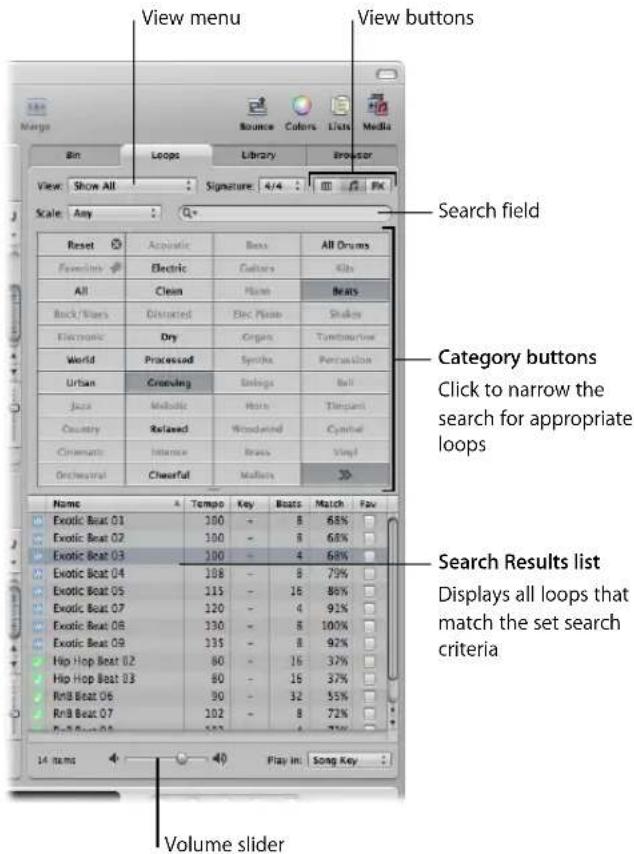 View menu View buttons View field Search field Category buttons Click to narrow the search for appropriate loops Search Results list Displays all loops that match the set search criteria Volume slider