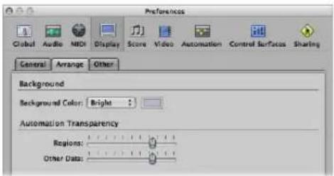 Preferences Global Audio NIDI Display Score Video Automation Control Surfaces Sharing General Arrange Other Background Background Color: Bright Automation Transparency Regions: Other Data: