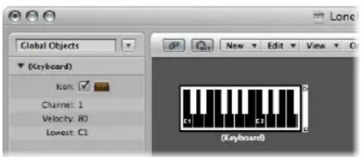 Global Objects (Keyboard) Icon: Channel: 1 Velocity: 80 Lowest: C1 New Edit View Keyboard