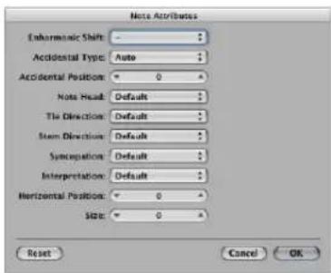 Note Attributes Enhormonic Shift: - Accidental Type: Auto Accidental Position: 0 Note Head: Default Tie Direction: Default Stem Direction: Default Syncopation: Default Interpretation: Default Horizontal Position: 0 Size: 0 Reset Cancel OK