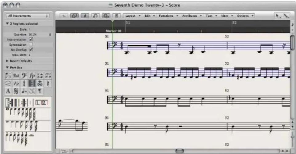 Seventh Demo Twenty-3 - Score All Instruments 2 regions selected Style: Quantile 16.24 Interpretation Syncopulation No Overlap Max, Dots 1 Insert Defaults Port Box 51 52 Marker 10 51 52 51 52 51 52 51 52 51 52