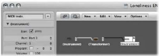 MIDI Instr. (Instrument) Icon: Port: Port 3 Channel: 1 Program: - 0 Volume: 100 New Edit View Options (Instrument) (Transformer) (Instrument)