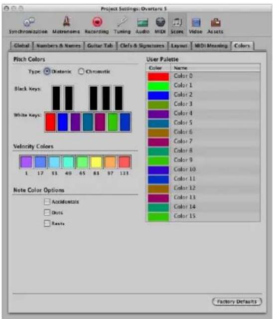 Project Settings: Overbars 5 Synchronization Matranema Recording Tuning Audio MIDI Score Video Assets Global Numbers & Names Guitar Tab Clefs & Signatures Layout MIDI Meaning Colors Pitch Colors Type: Diatomic Chromatic Black Keys: White Keys: Velocity Colors 1 17 51 40 65 83 97 133 Note Color Options □ Accidentals □ Dots □ Rents User Palette Color Name Color 0 Color 1 Color 2 Color 3 Color 4 Color 5 Color 6 Color 7 Color 8 Color 9 Color 10 Color 11 Color 12 Color 13 Color 14 Color 15 Factory Defaults
