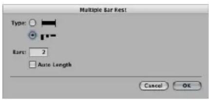 Multiple Bar Rest Type: Bars: 2 Auto Length Cancel OK