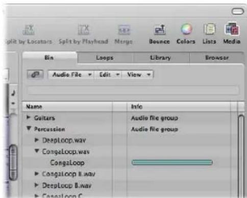 Split by Locators Split by Playhead Merge Beounce Colors Lists Media Bin Loops Library Browser Audio File Edit View Name Info Guitars Audio file group Percussion Audio file group DeepLoop.wav CongelLoop.wav CongalLoop CongalLoop B.wav DeepLoop B.wav CongalLoop C