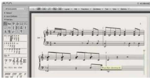 Screenshot of a musical notation software interface showing two staves with treble and bass clefs, including dynamic markings and articulations.